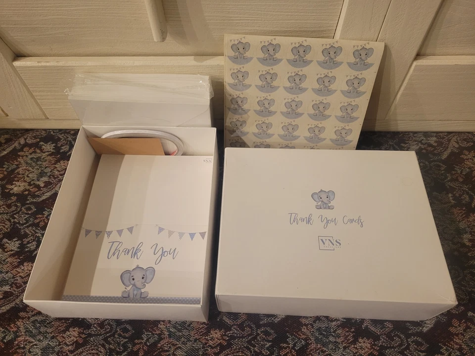 Nuevas 50 tarjetas de agradecimiento Baby Shower Blue Elephant para niños con sobres de tarjetas y... Foto 2 de 2