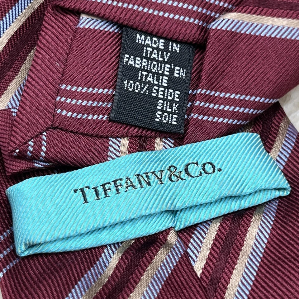 Corbata Tiffany and Co. Borgoña Rojo Dorado Gris Diseño Rayas Seda Hecha en Italia Foto 4 de 4