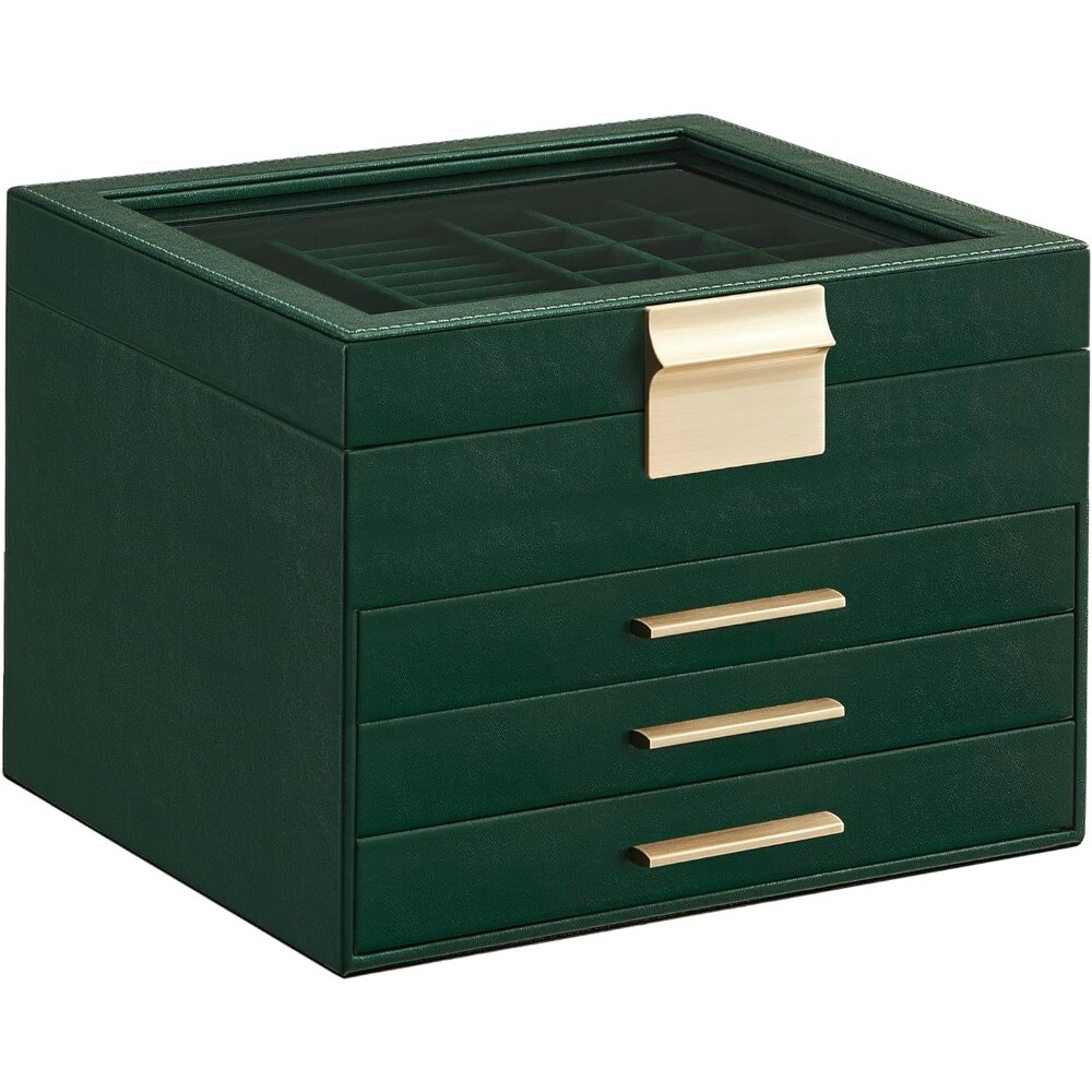 Jewelry Box with Glass Lid, 4-Layer Jewelry Organizer, 3 Drawers-image