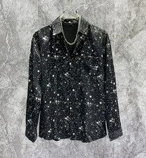 New Men Luxury Stars Sequins Fashion Shirt Black White High Quality