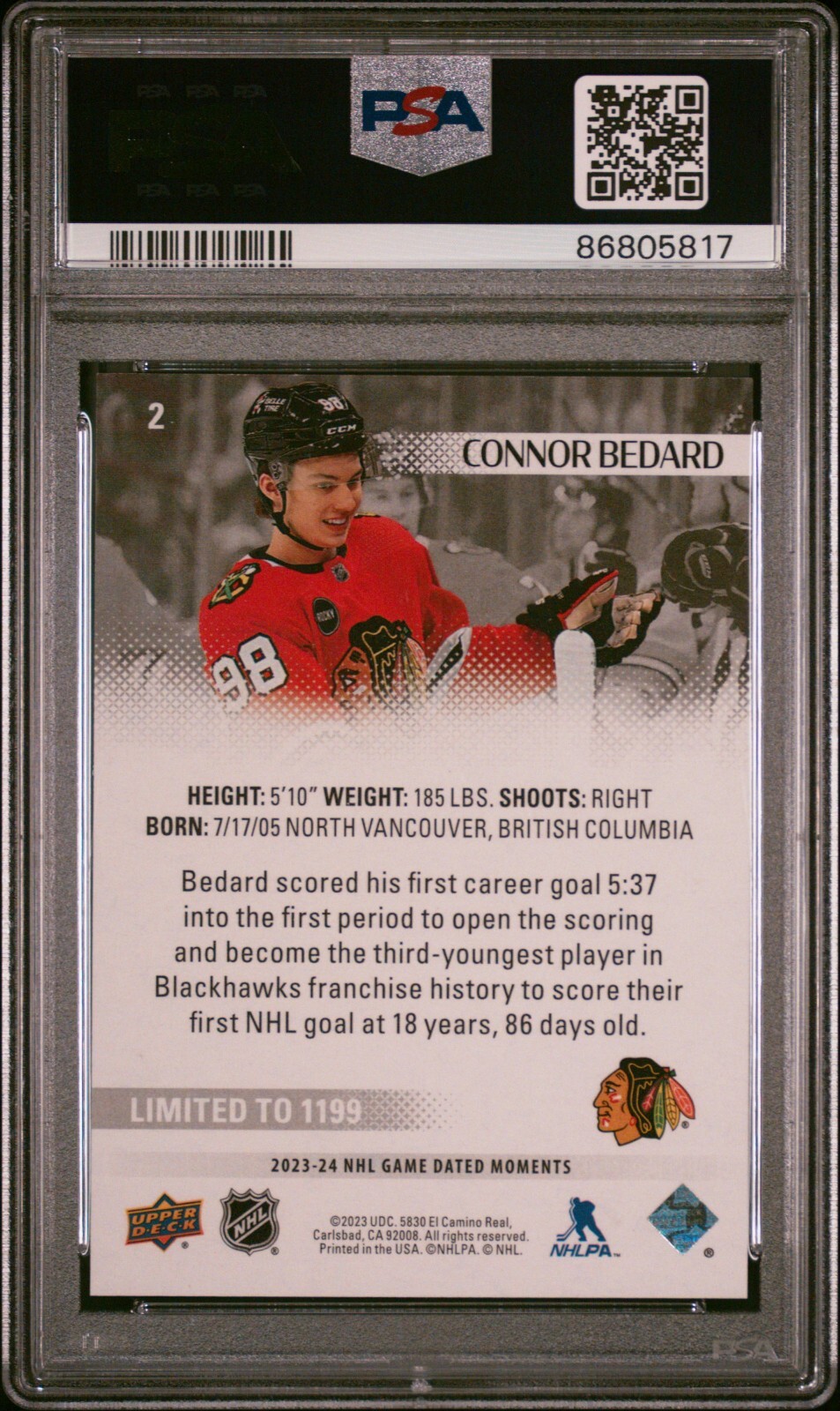 2023 Upper Deck Game Dated Moments Connor Bedard #2 PSA 9 view 2