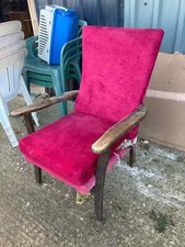Mid Century Armchair Red Velvet Seat & Back Needs some TLC Vintage Wooden Arm