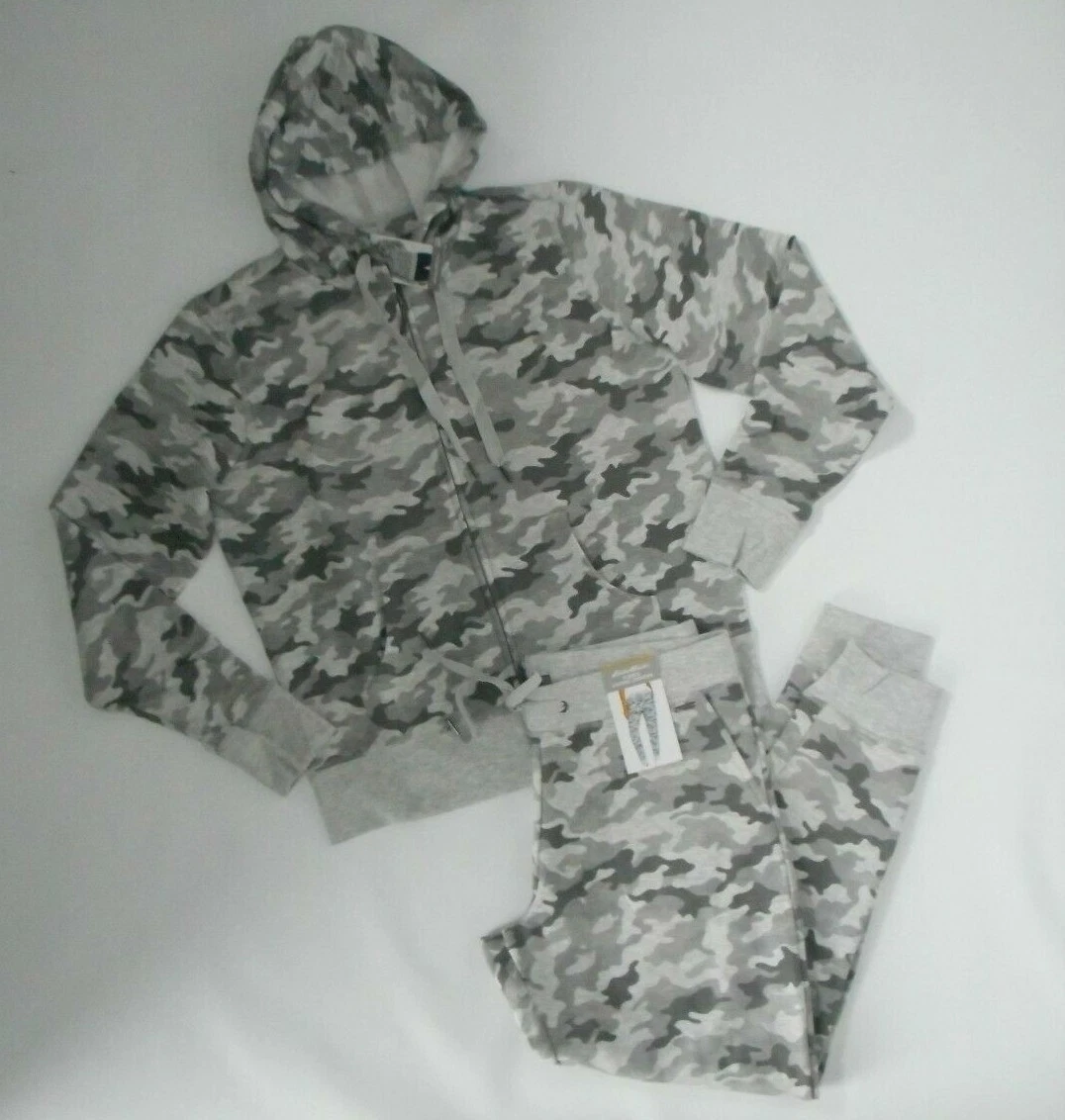 EDDIE BAUER 2 PC Gray CAMO Hooded JACKET JOGGER SWEATPANTS SET