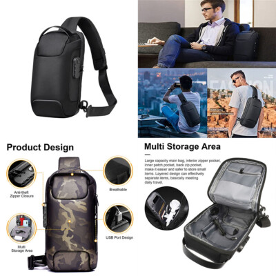 US 1 Pcs Sling Backpack USB Port Anti-Theft Men's Chest Shoulder Crossbody Bag