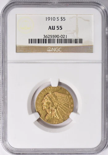 1910-S INDIAN HEAD $5 HALF EAGLE GOLD NGC AU55