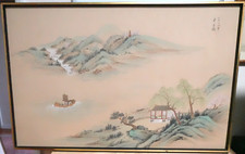 CHINESE RIVER VILLAGE TEMPLE LANDSCAPE ORIGINAL WATERCOLOR PAINTING SIGNED