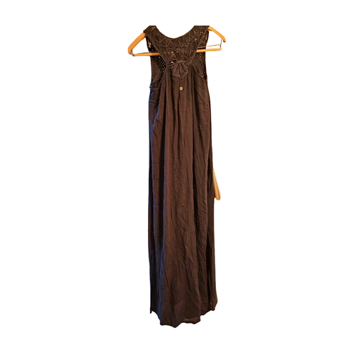 ROXY Black MAXI DRESS (Small) SLEEVELESS Lined CROCHET Gauzy VISCOSE/COTTON Boho - Picture 2 of 3