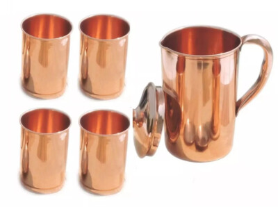 100% Copper Water Jug 1.5 Ltr 4 Drinking Pitcher Tumbler 300ml Ayurveda Health