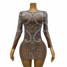 Shining Colorful AB Rhinestones Transparent_ong Sleeves Mesh Dress Evening Party