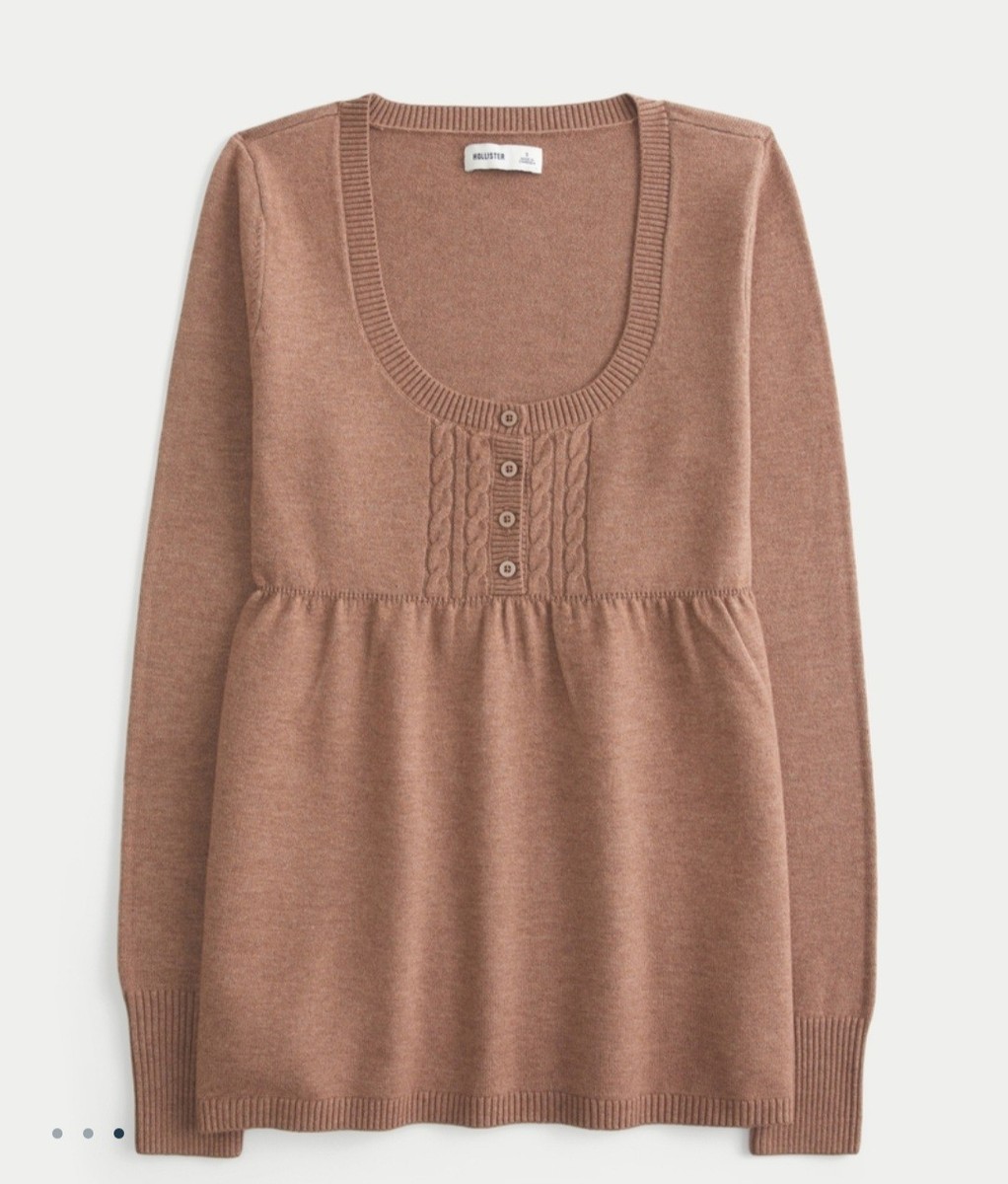Hollister Easy Cable-Knit Babydoll Sweater in Light Brown (Small
