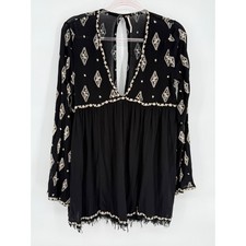 Free People Embroidered Mini Dress Black Bohemian Lg Sleeve Festival Tunic Sz S