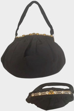 Vtg 1940s Rhinestone Embellished Silky Fabric Purse Embellished Black Dressy