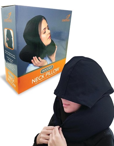 Travel Pillow With Hoodie Neck Cushion Flight Soft Comfortable Hooded U Shape UK - Picture 1 of 5