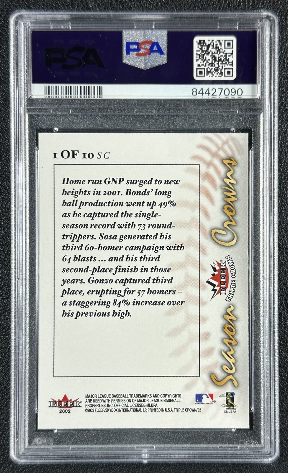 BARRY BONDS SAMMY SOSA PSA 10 2002 FLEER TRIPLE CROWN #1SC SEASON CROWNS 7090 view 2
