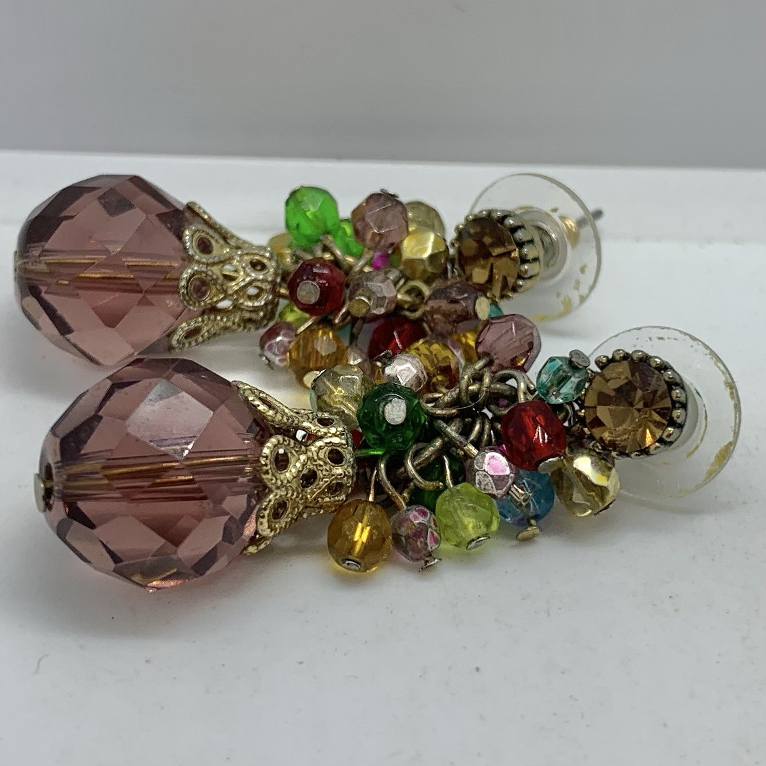 Vtg Multicolor Crystal Waterfall Statement Earrin… - image 7