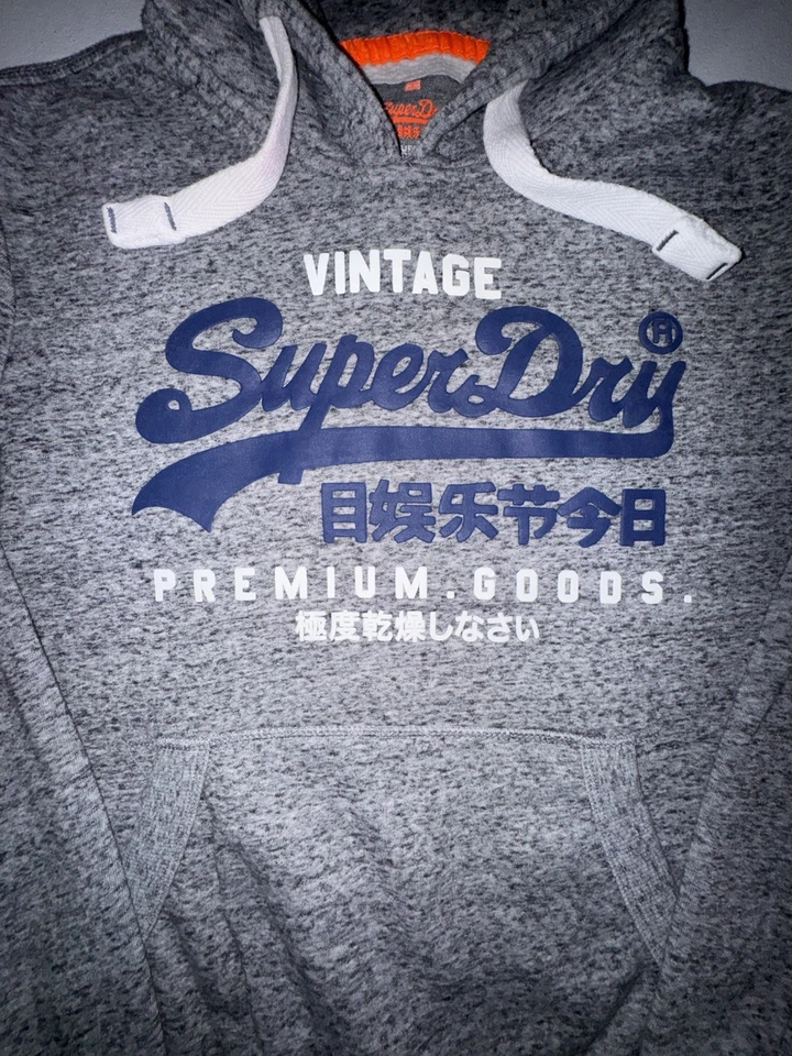 Superdry Sudadera con Capucha Hombre Mediana Gris Jaspeado Azul Pullover Big Logo Spellout Foto 2 de 4