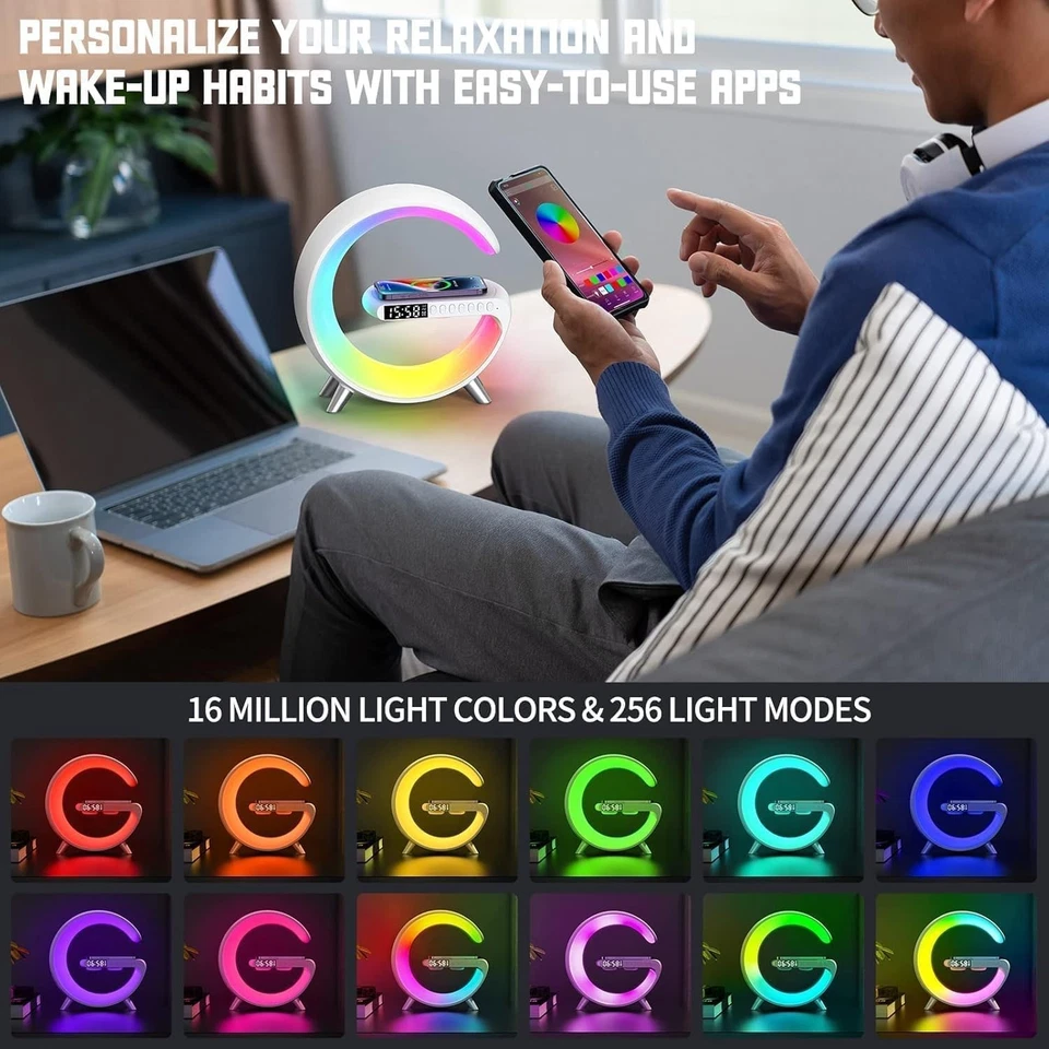 5-in-1 Smart Bedside Lamp with Bluetooth Speaker App Control Wireless Charging - Image 4 of 4