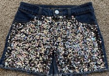 Justice Colored Sequined Denim Girl's Size 12 Midi Shorts Frayed Hems GUC