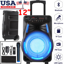 12'' Portable Rechargeable Bluetooth Speaker 2700W Bass Party LED Lights  Mic