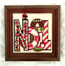 Finished Needlepoint Embroidered NOEL Wood Frame Christmas Vintage wall decor
