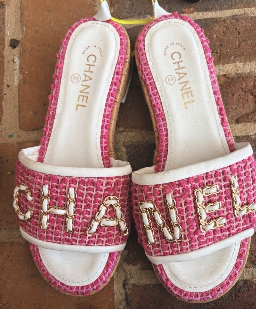 CHANEL Pink White Logo Chain Slide Sandals Slip On Women's Fabric