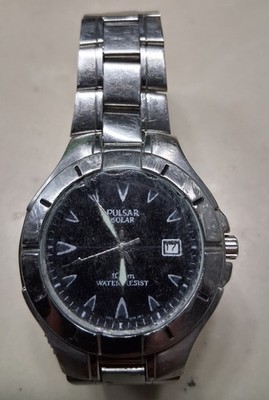 Pulsar Solar Watch Men 37mm Silver Tone Date V145-X002 Black Dial Working