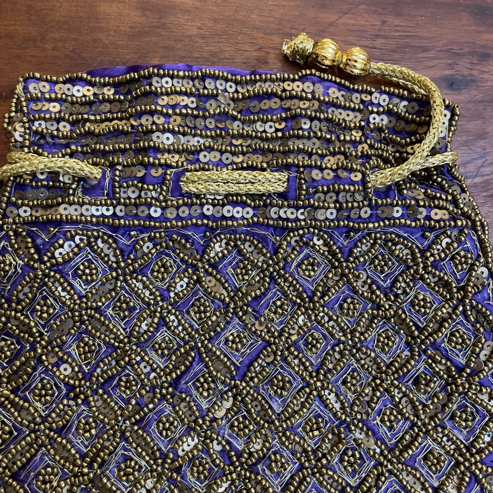 Vintage Hand Made Polti Copper Bead and Sequin Drawstring Bag Satchel Beautiful - Image 4 of 4