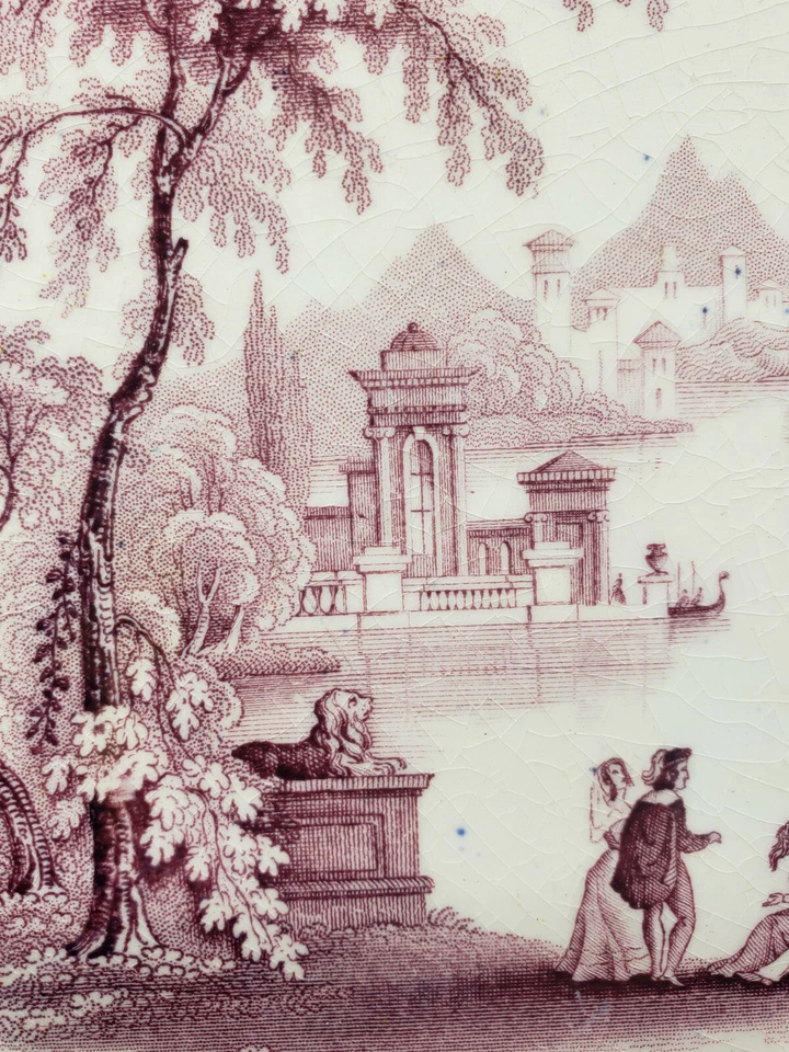 Plato de transferencia púrpura Jacob Furnival & Co Palmyra patrón 16,5" circa 1845 Foto 3 de 4