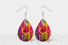 Gypsy Sunflower Print Wood Dangle Teardrop Print Earrings Jewelry