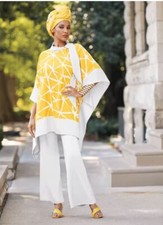 L Ashro Yellow White Spring Formal Wedding Church Asante Pant Suit Headwrap