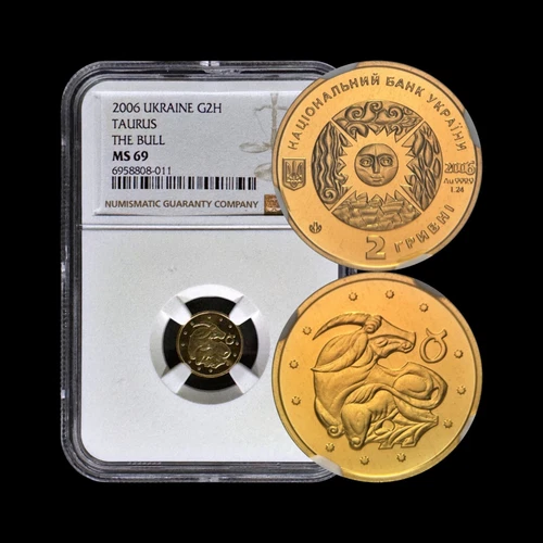 UKRAINE. 2006, 2 Hryvni, Gold - NGC MS69 - Zodiac, Taurus the Bull RARE
