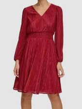 Kensie Womens Chiffon Smocked Sheath Fit + Flare Dress, Burgundy, 10
