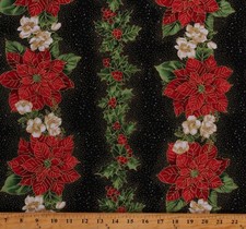 Cotton Poinsettia Holly Berries Christmas Black Fabric Print by Yard D506.81