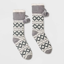 Women's Geo Fair Isle Faux Shearling Lined Slipper Socks with Poms Grippers -