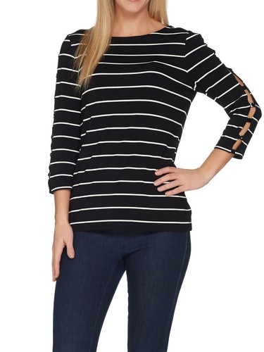 ATTITUDES by RENEE Size L 3/4 Sleeve Striped Top w/ Button Detail BLACK