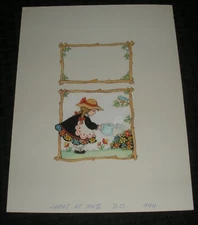 CUTE GIRL in Straw Hat Watering Flowers 7.5x10" Greeting Card Art #9411