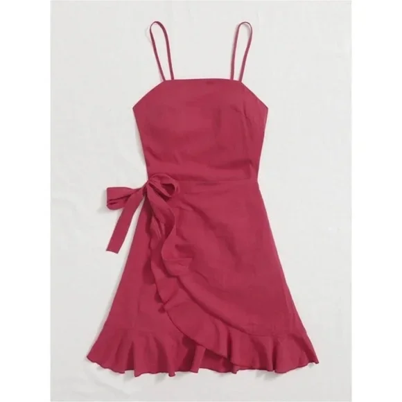 SHEIN Tied Open Back Ruffle Trim Wrap Front Cami Dress L