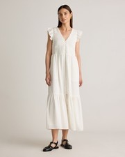 Quince Women Organic Textured Cotton Smocked V-Neck Midi Dress White L