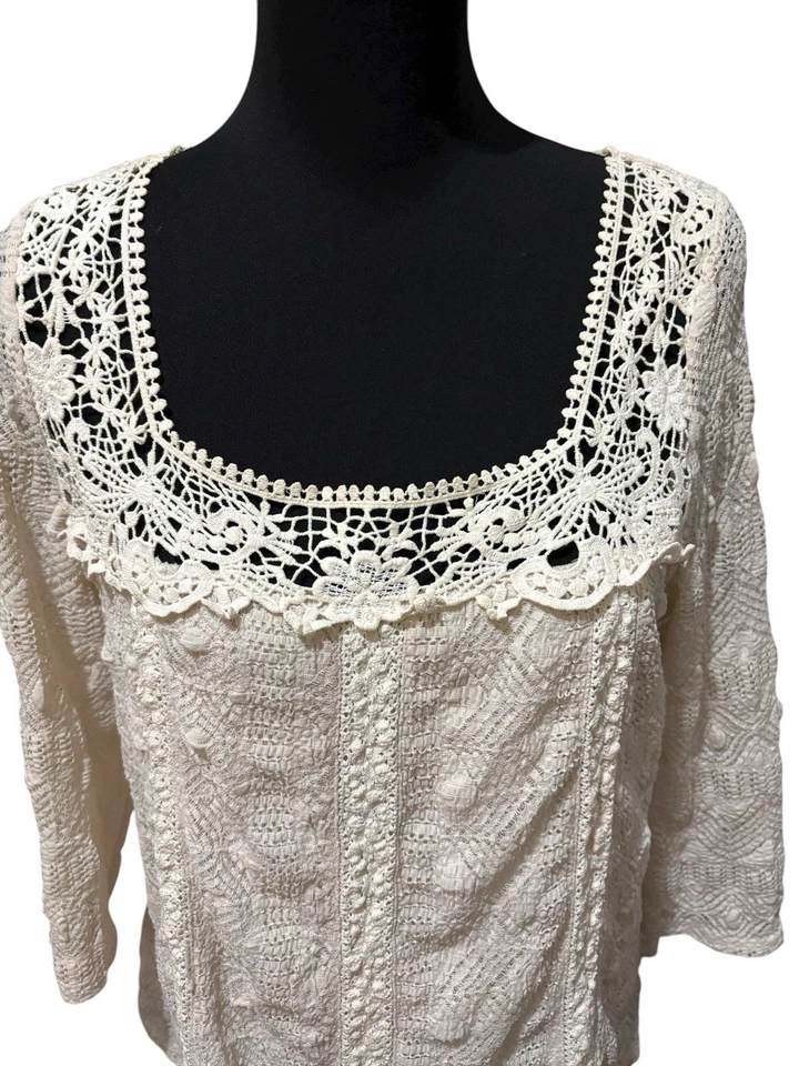Anthropologie Meadow Rue Mujer’s L Crema Crochet Encaje Boho Top Campesino Coqueta Foto 2 de 4
