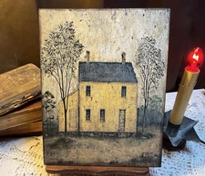 Saltbox House, Yellow, Folk Art, Primitive Handcrafted Plaque / Sign