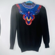 Vintage Ann Wi Black Sequined Knit Sweater Womens Med 1980s Y2K