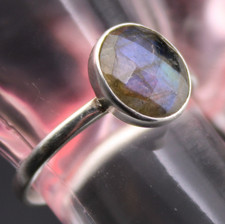 Signed AHM Faceted Labradorite Sterling Silver Ring sz7