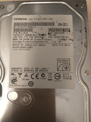 Hitachi HCS5C1050CLA382, PN 0F11010, MLC JPC39G, FW: 39G, 500GB 3.5''Untested 