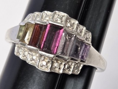 7 Farben Edelsteine Regenbogen 925 Silber Ring Größe 8,25 Laborgefertigt Vintage Stufenreihe