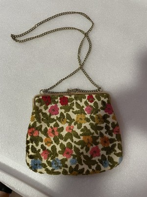 Vintage CARPET BAG FLORAL TAPESTRY Gold Chain TOTE HANDBAG Charisma 1950 s