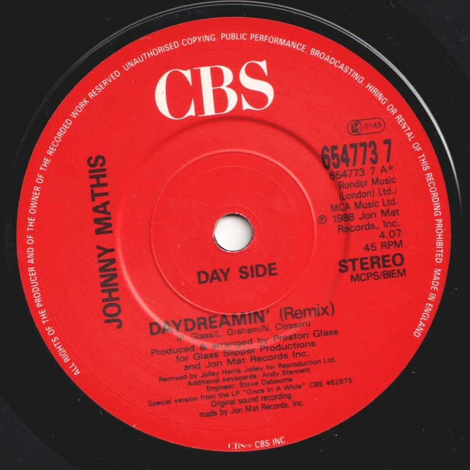 Johnny Mathis Daydreamin' 7" vinyl UK Cbs 1989 in pic sleeve 6547737 - Image 3 of 3