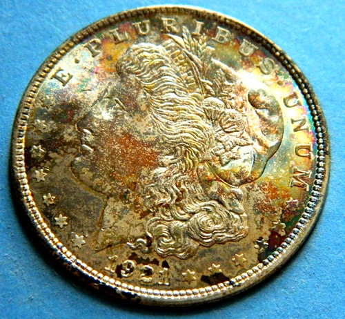 🌈BU.1921 p $1 Morgan Silver Dollar🌈Rainbow naturally toned.