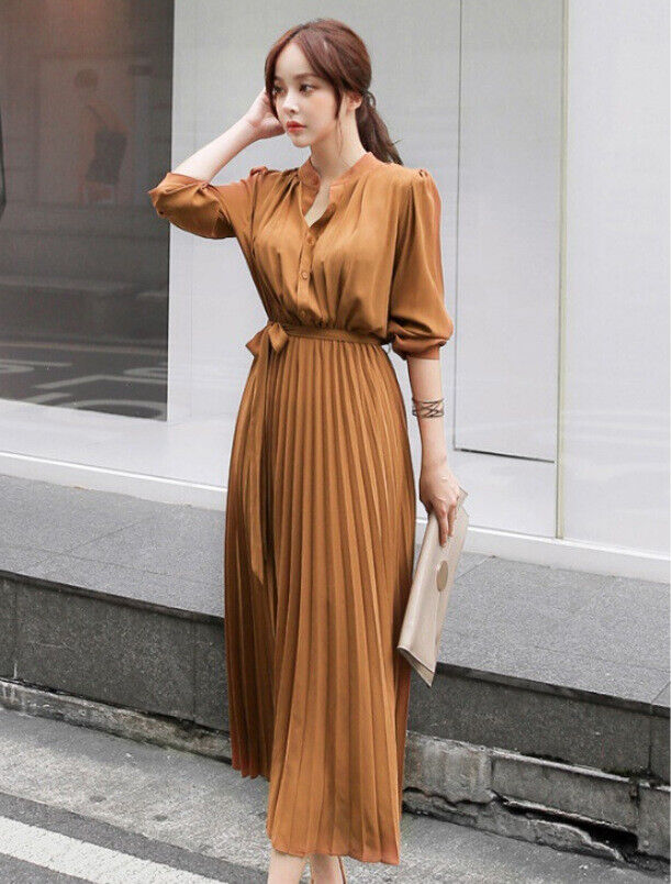 Women's Lapel Collar Dress Chiffon Pleated 3/4 Sleeves Long Shirt Lace Up Skirts