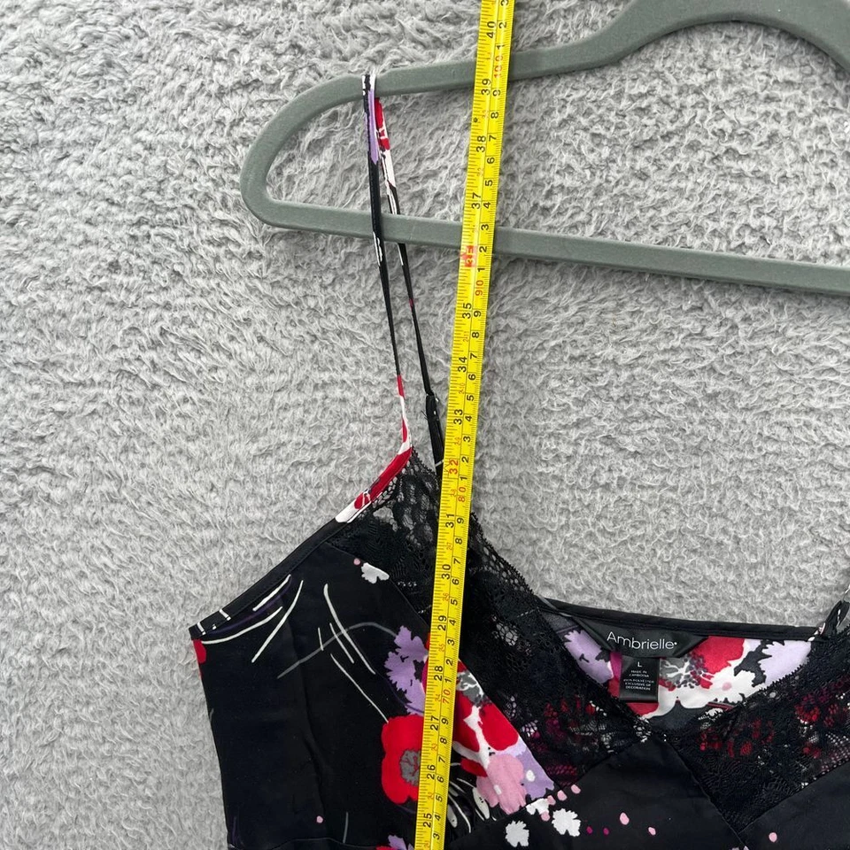 Black Floral Lace Trim Slip Mini Dress Spaghetti Strap Nightgown L VTG 90s Cute - Image 4 of 4