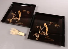Japanese Lacquer Pair of Wooden Trays 10.12inch Gold Long Tailed Bird Meiji Era